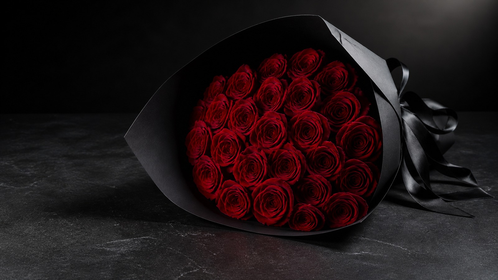 closing — bouquet of 25 scarlet Red Naomi roses in black wrap with silk ribbon