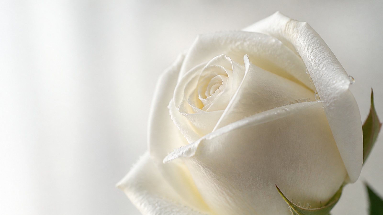 hero — white rosebud close-up with morning dew on cream-white petals