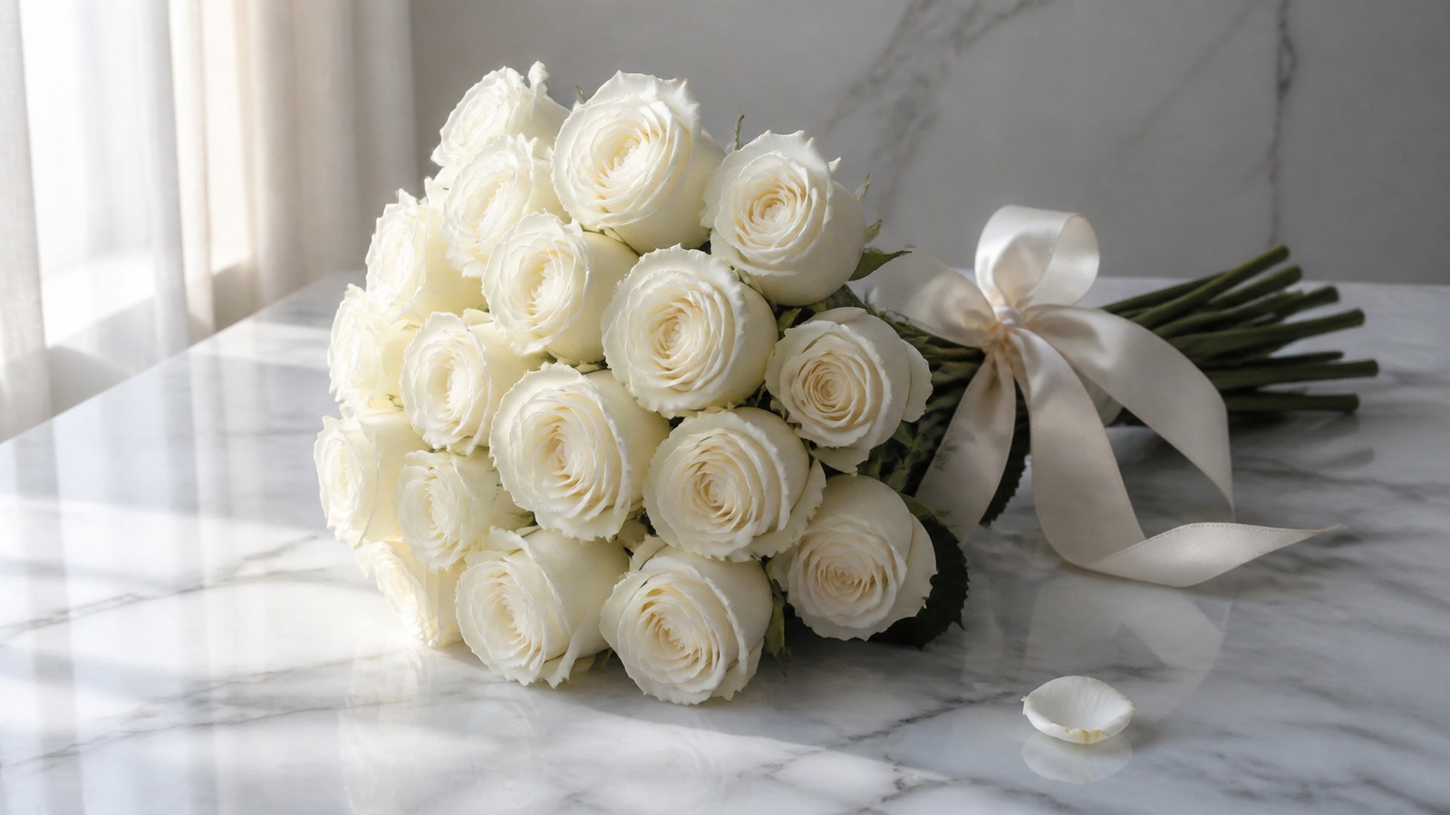 classic bouquet of 15 white roses with silk ribbon on white marble