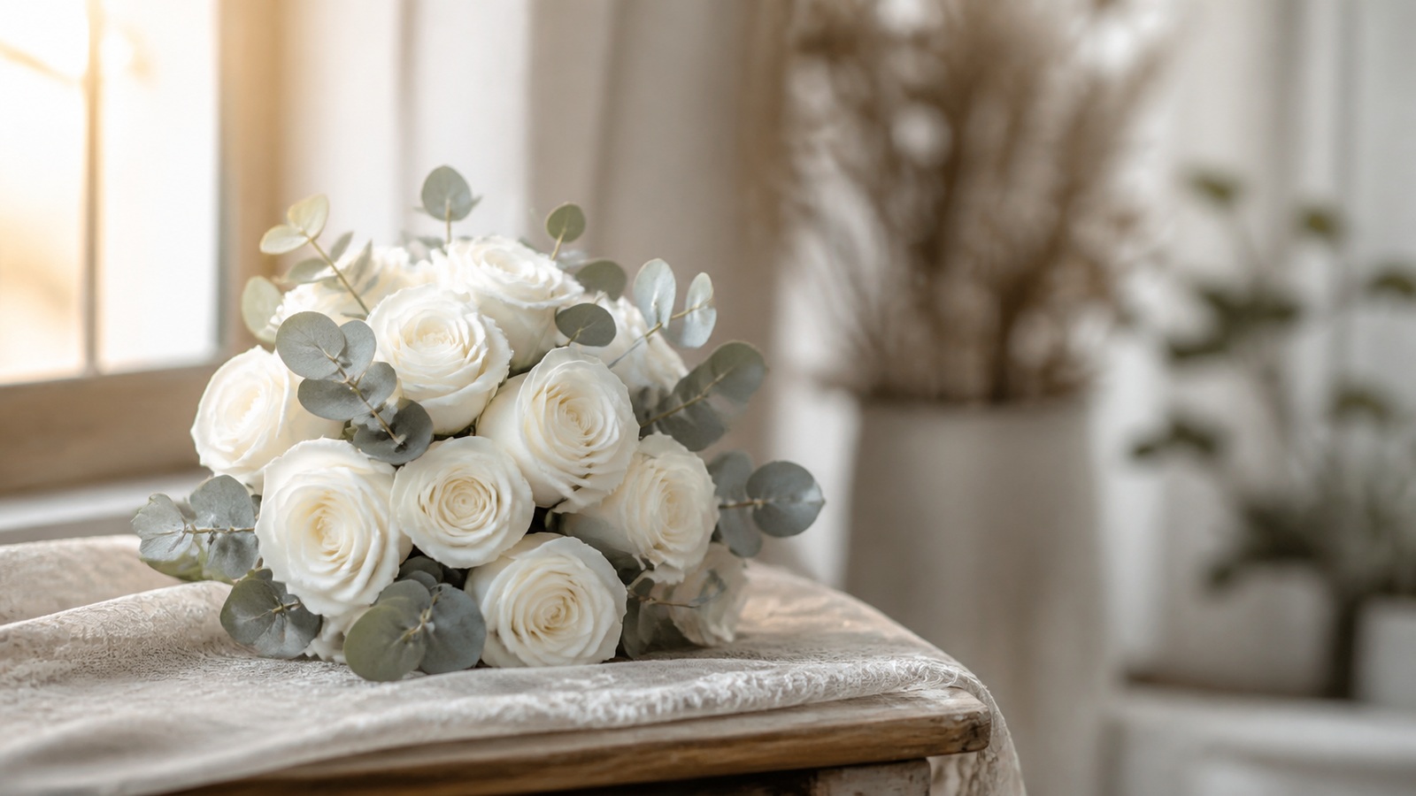 a bouquet of white roses and eucalyptus resting on draped ivory lace fabric by a window
