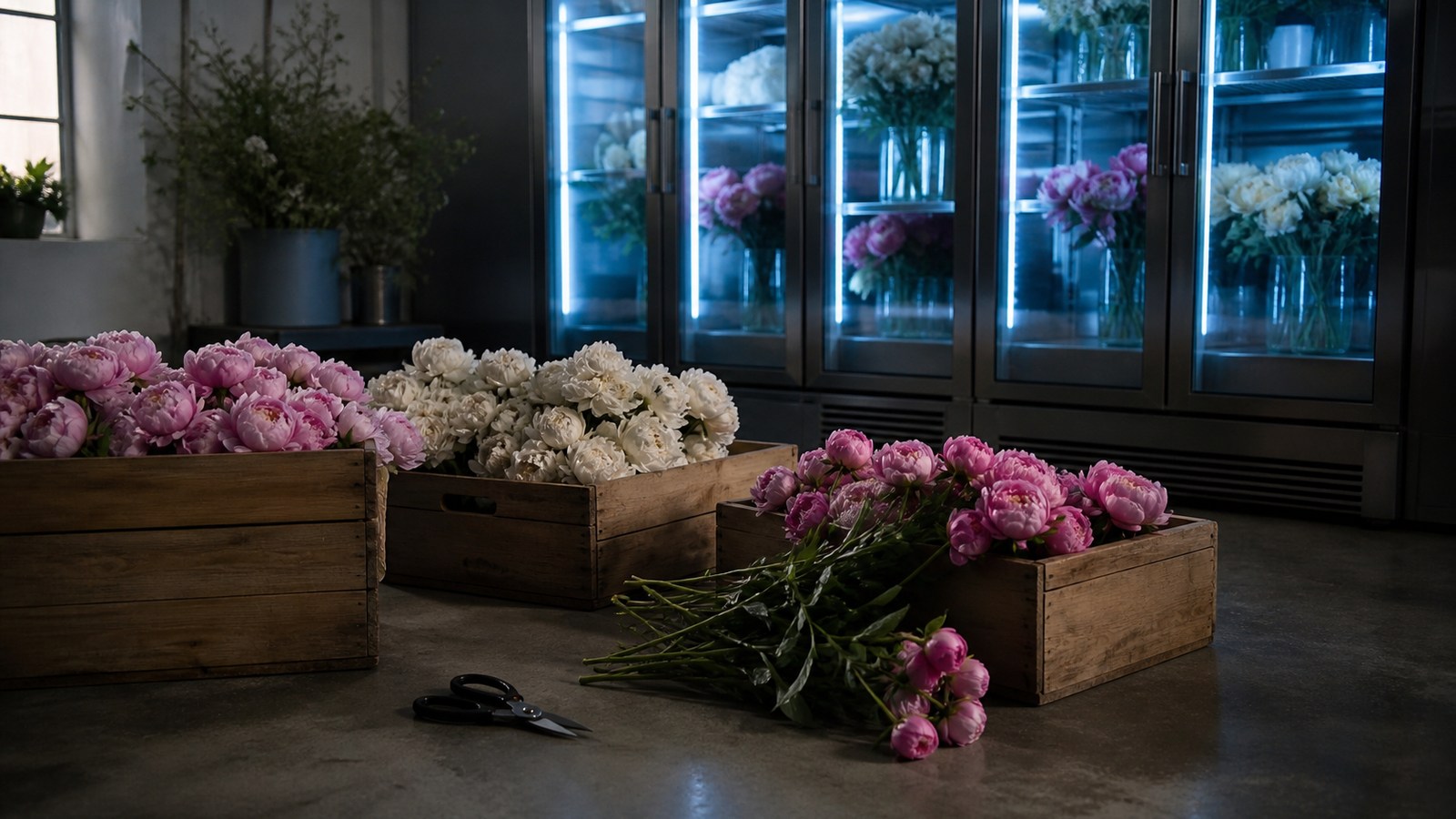 open wooden crates of fresh pink and cream peonies beside a professional glass-door flower cooler in an empty workshop