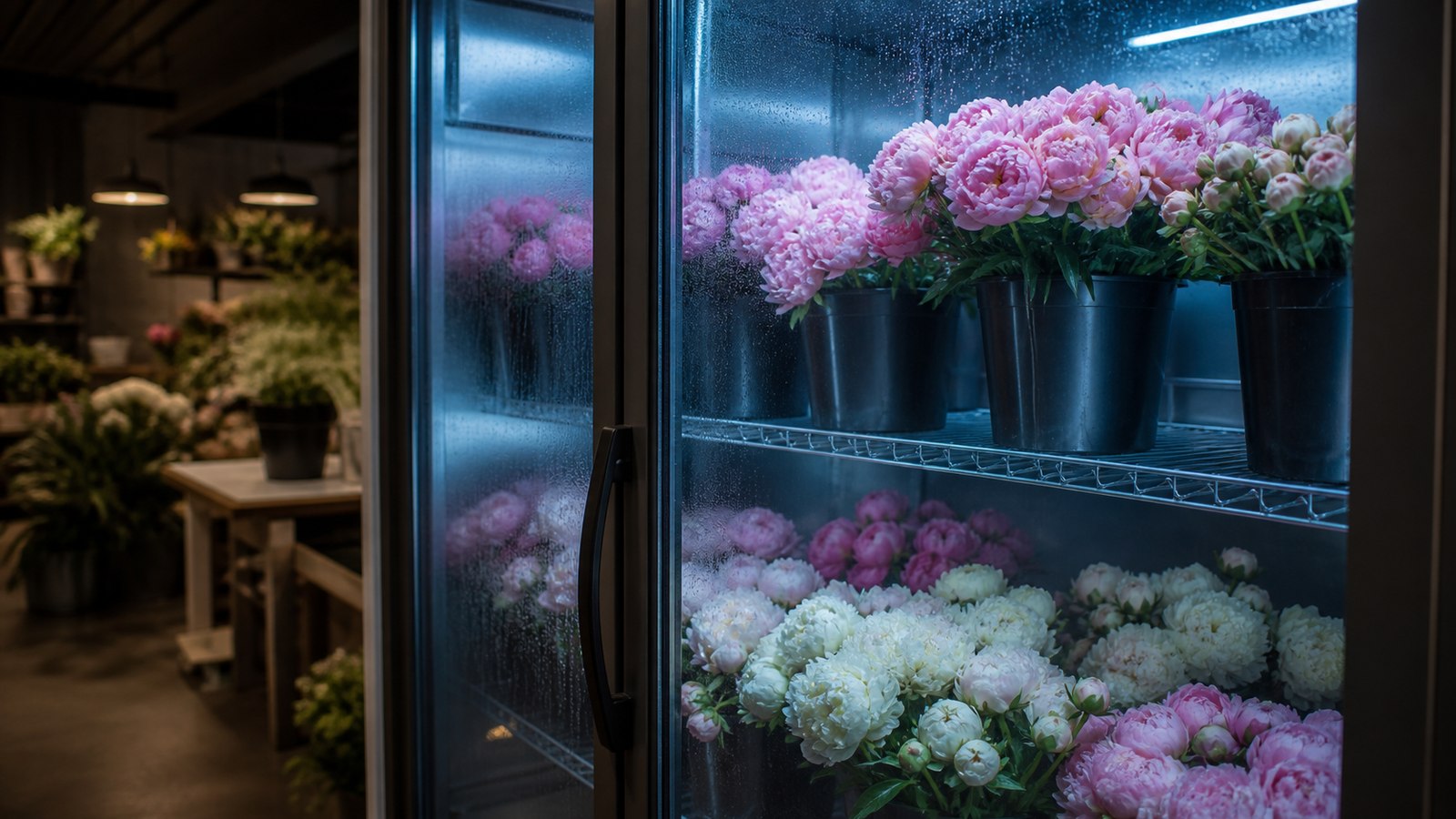 a professional florist's cooler with a glass door, interior shelves of peonies in buckets — pink, white, cream varieties, cool blue interior LED light
