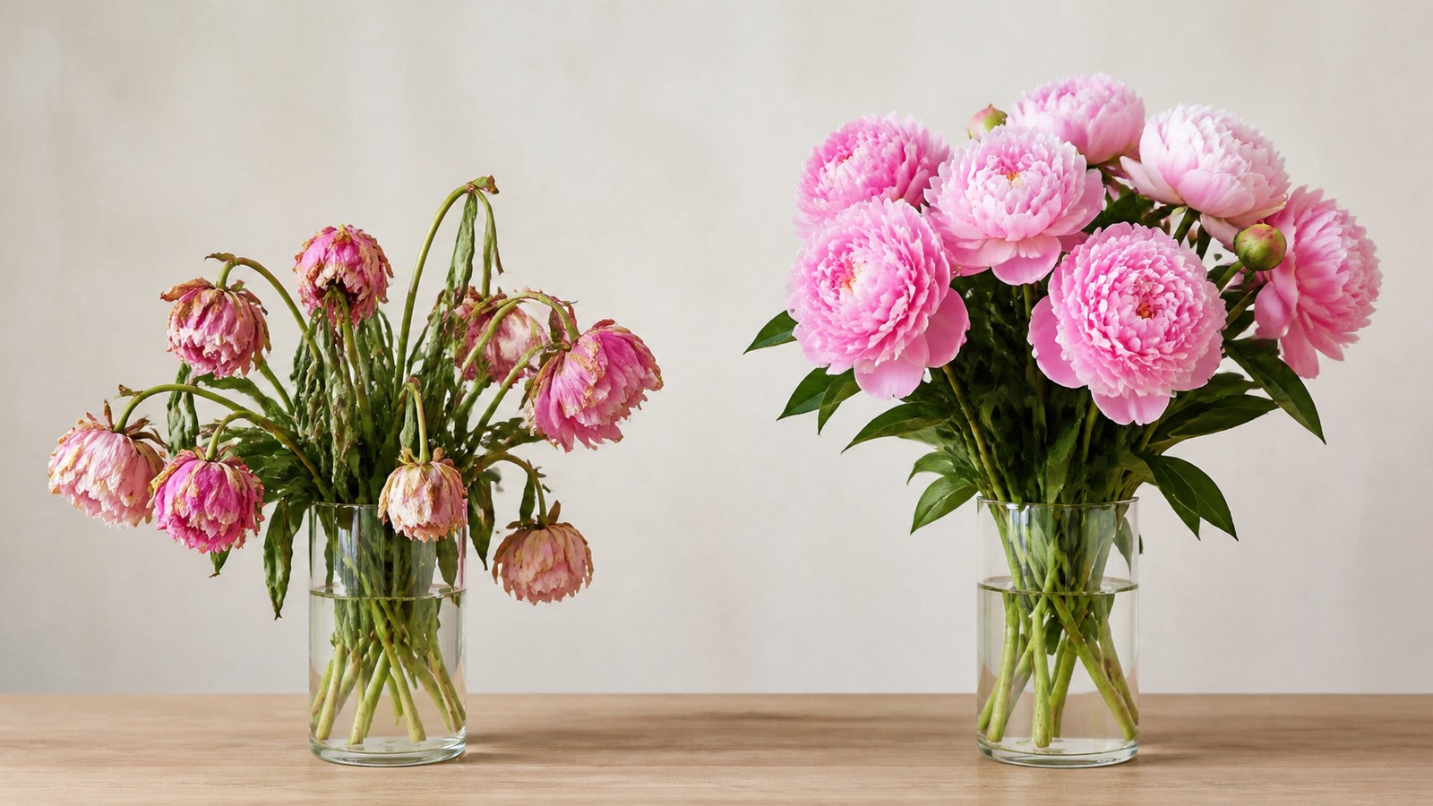 side-by-side comparison of two peony bouquets — left, wilted after 3 days; right, fresh after 7 days with proper care